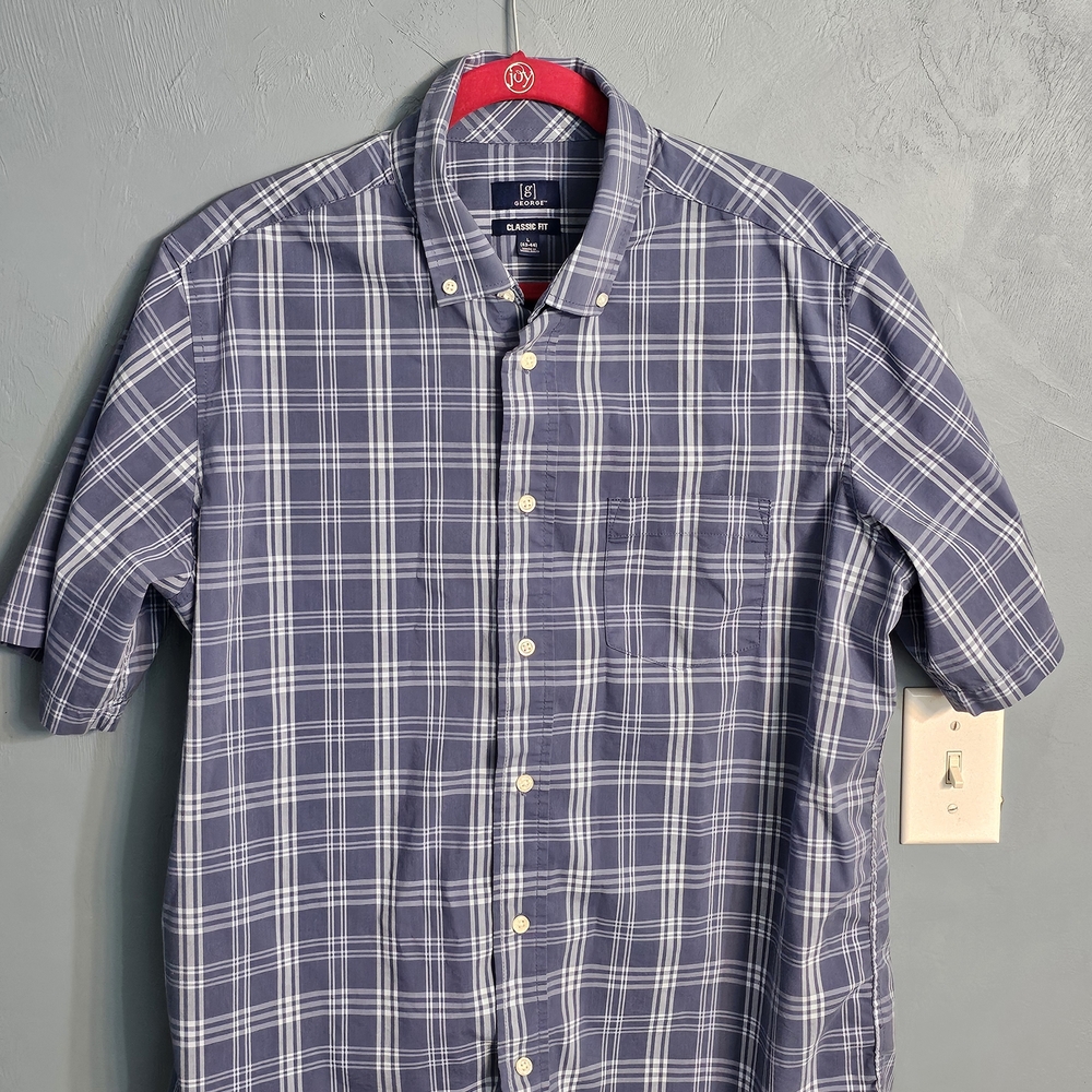George Men's Navy Checkered Button Down Shirt. #1121